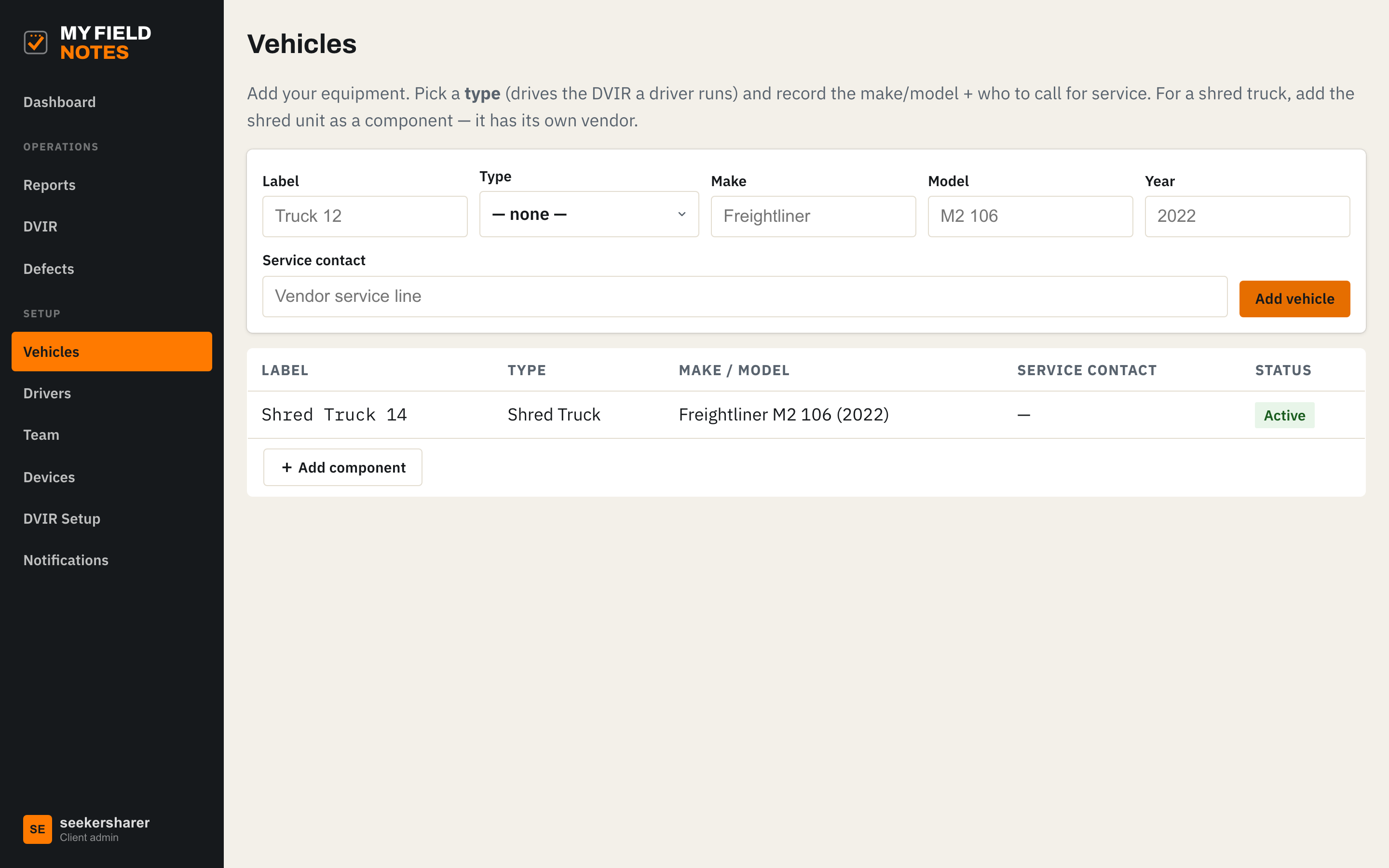 Vehicles page with Shred Truck 14 added as a Shred Truck type
