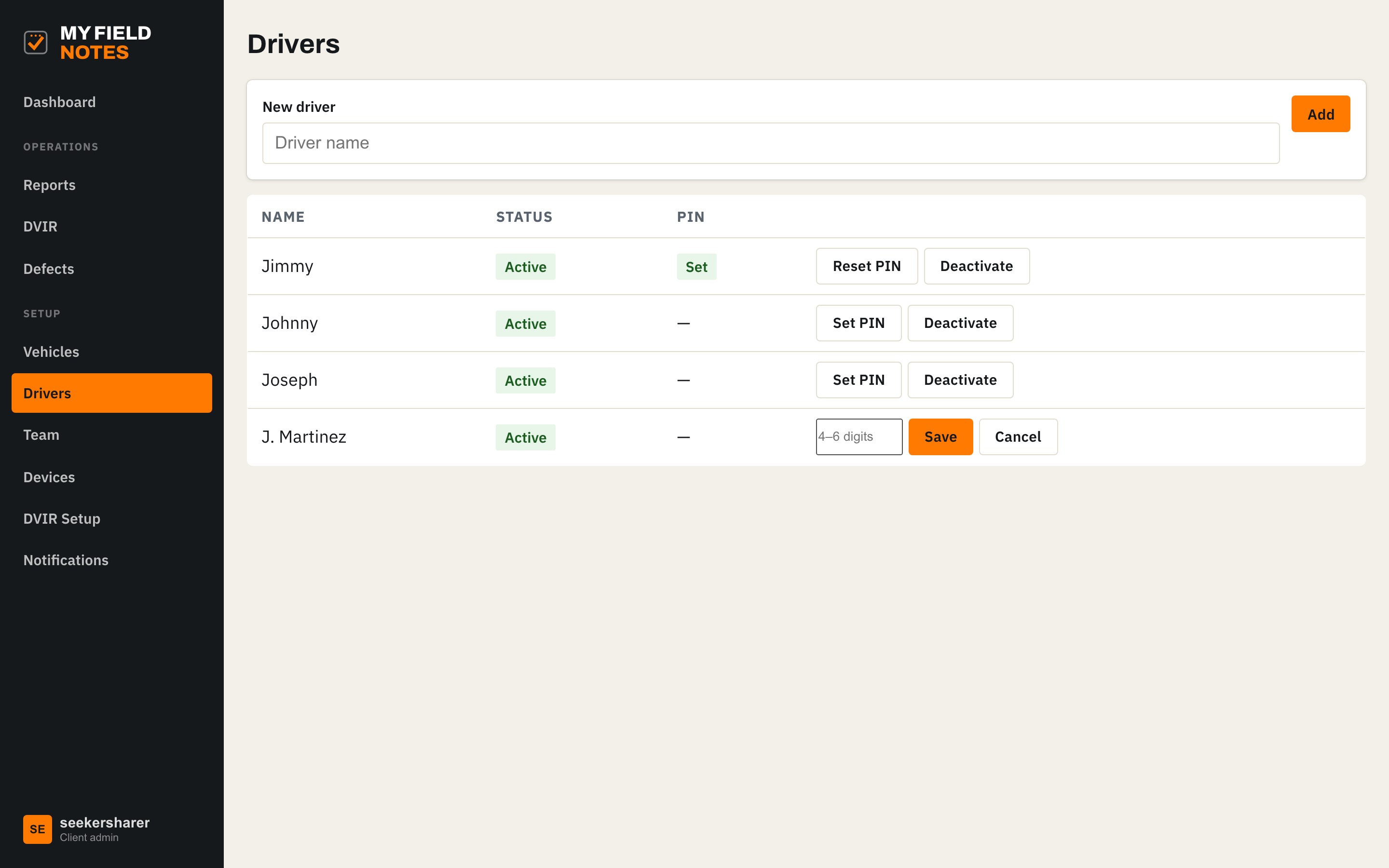 Drivers page setting a PIN for a new driver