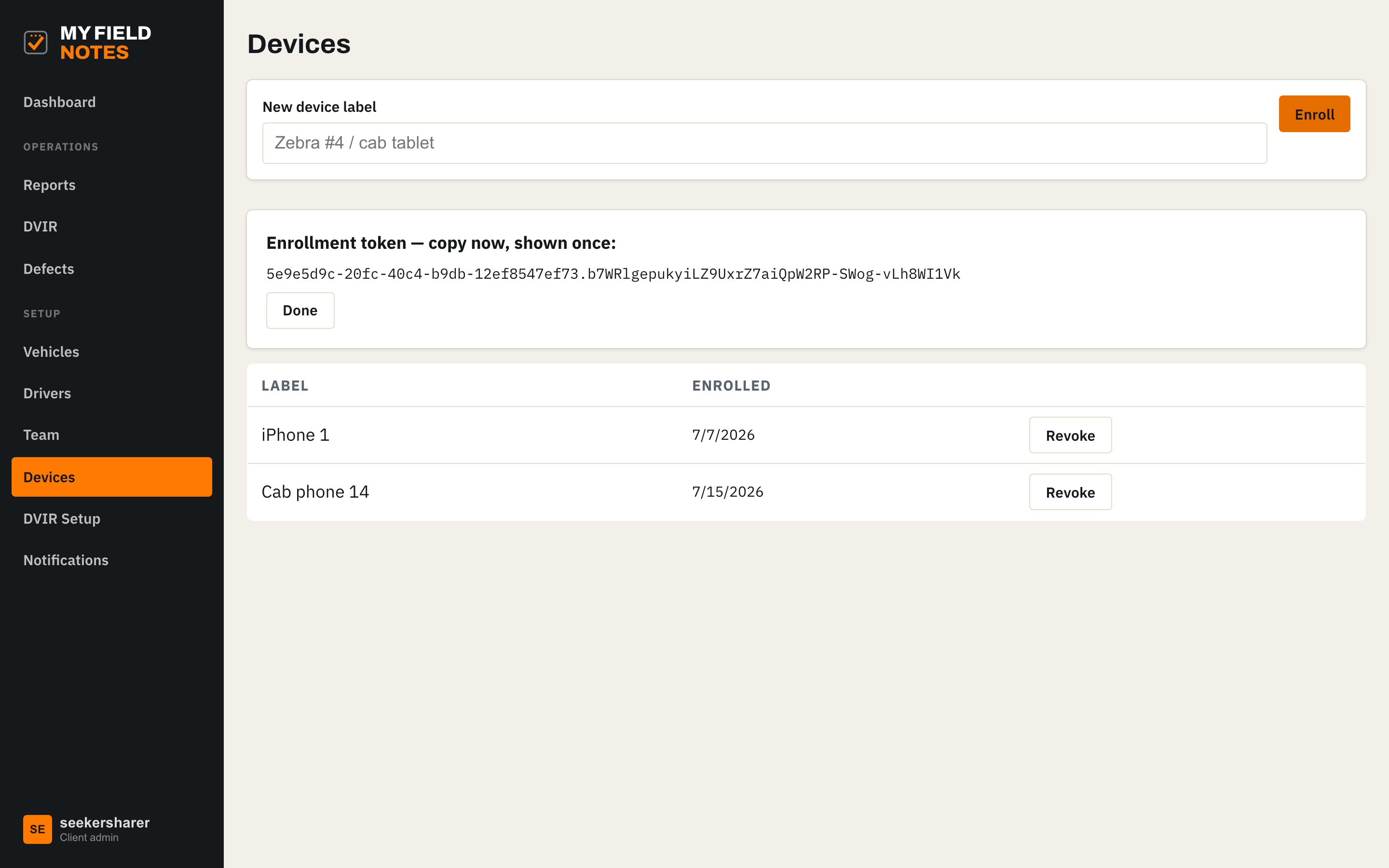 Devices page showing a one-time enrollment token after enrolling a device