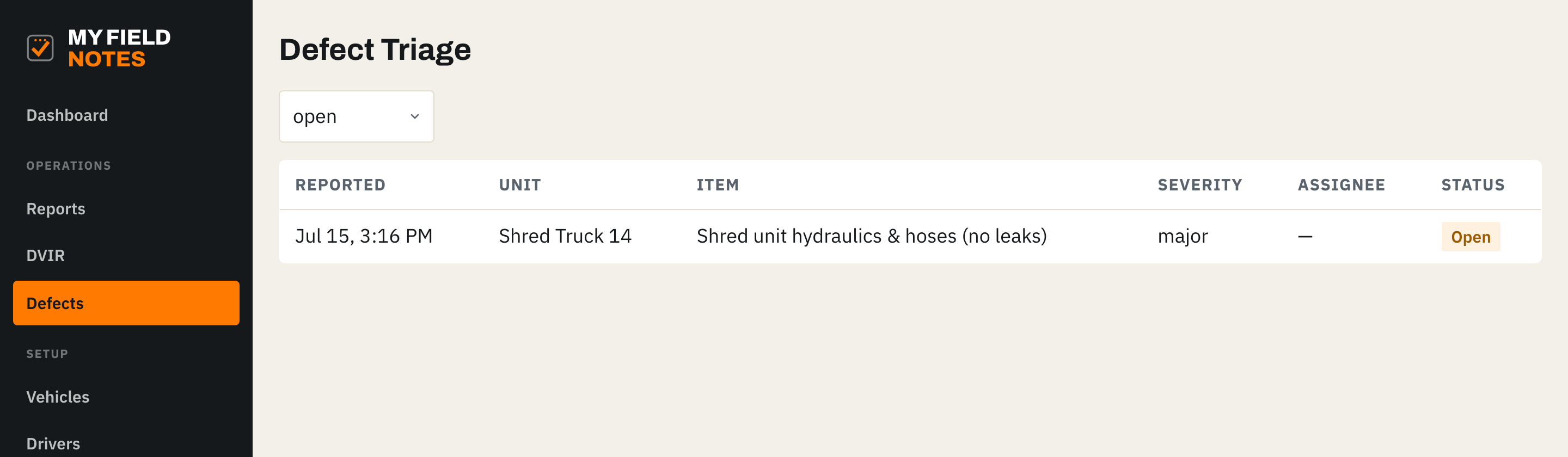 Defect triage page with an open major defect on Shred Truck 14