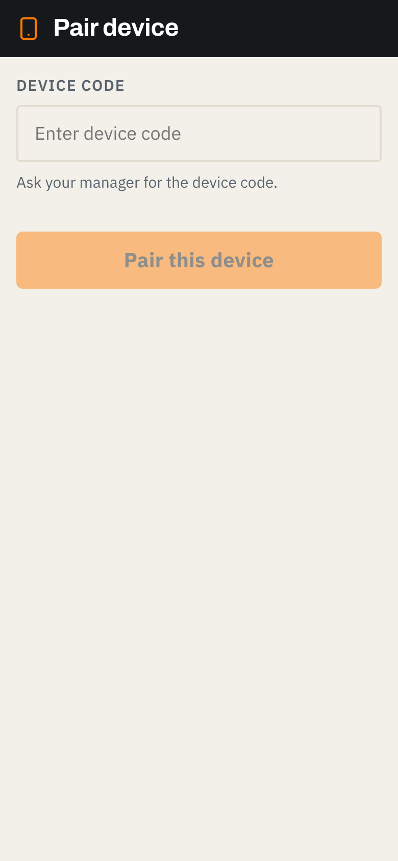 Driver app pairing screen asking for the device code