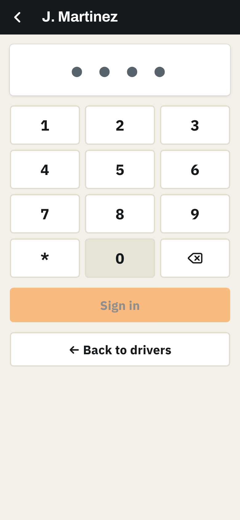 Driver PIN keypad after tapping their name