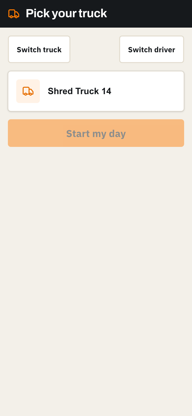 Truck confirmation screen with Start my day button