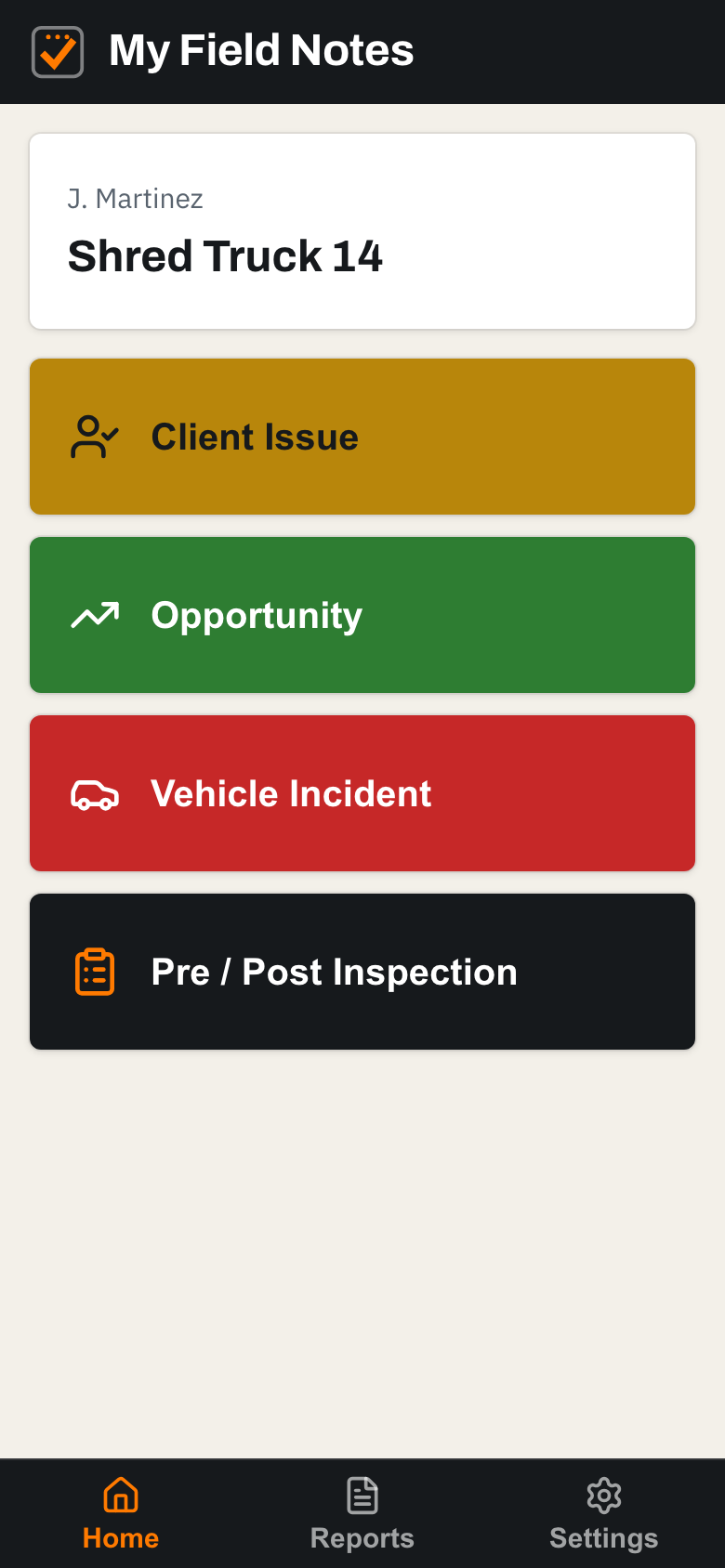Driver home screen with Client Issue, Opportunity, Vehicle Incident and Pre/Post Inspection buttons