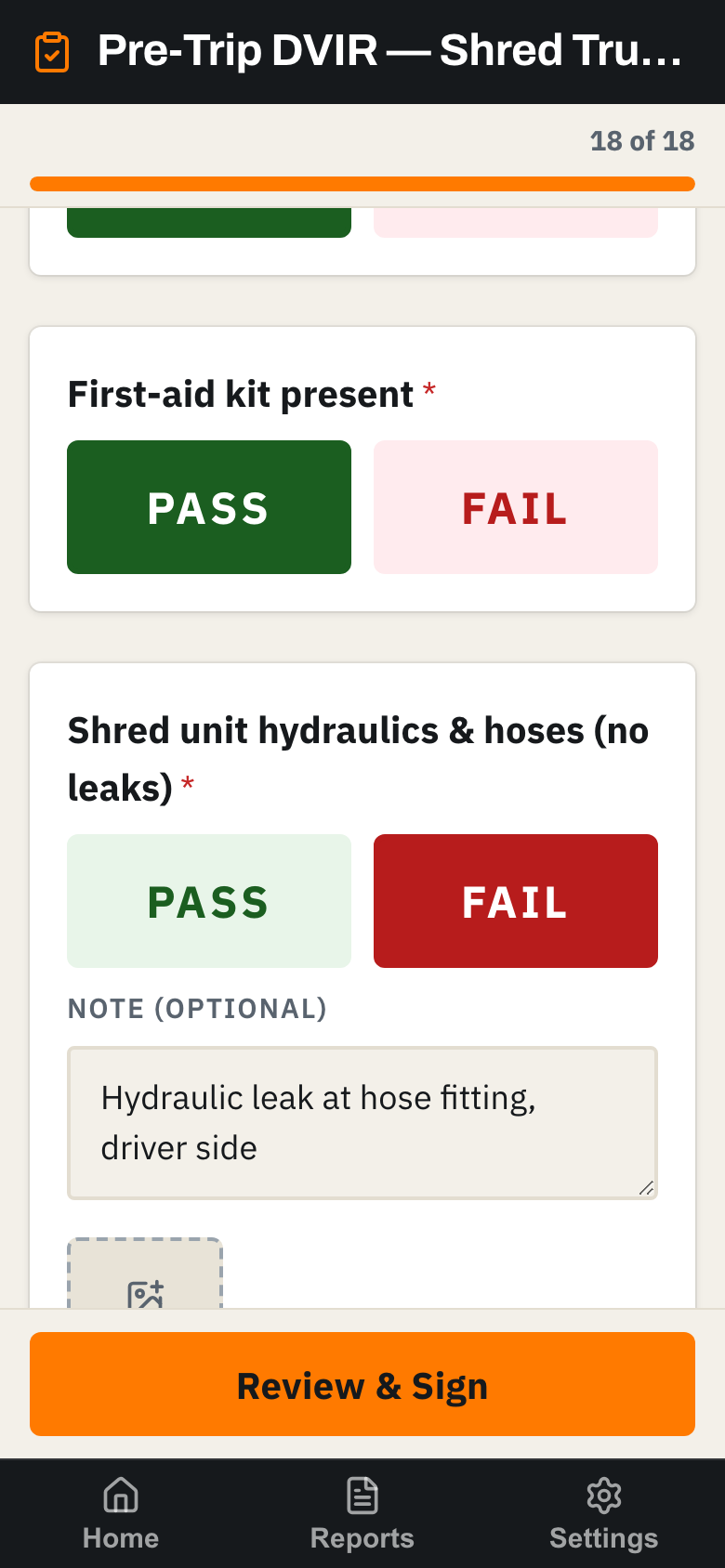 Pre-trip DVIR checklist with a failed shred unit item and note