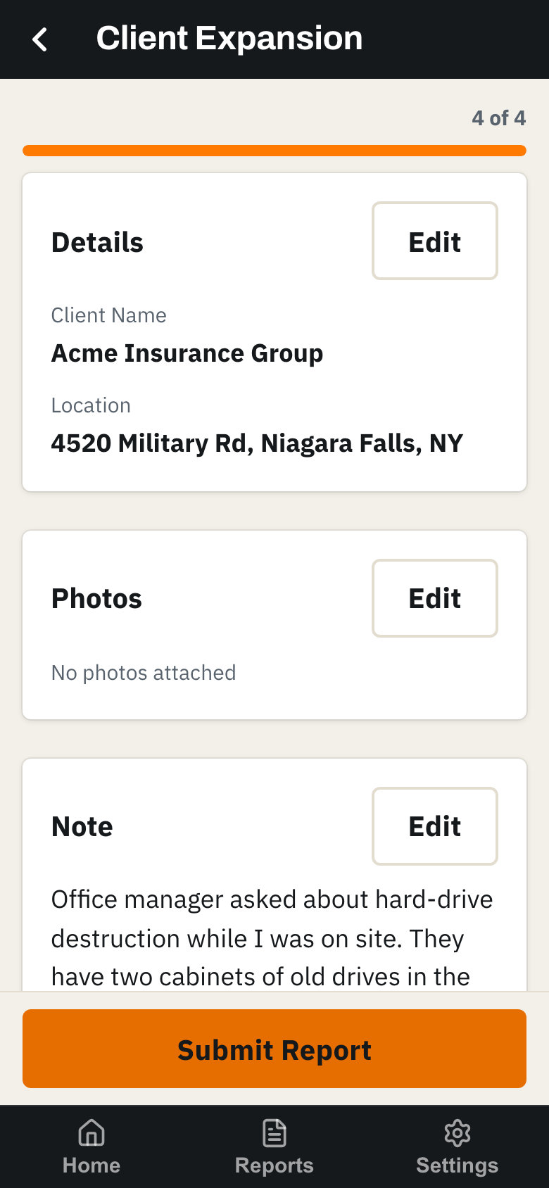 Field report review screen with client name, location and note before submitting