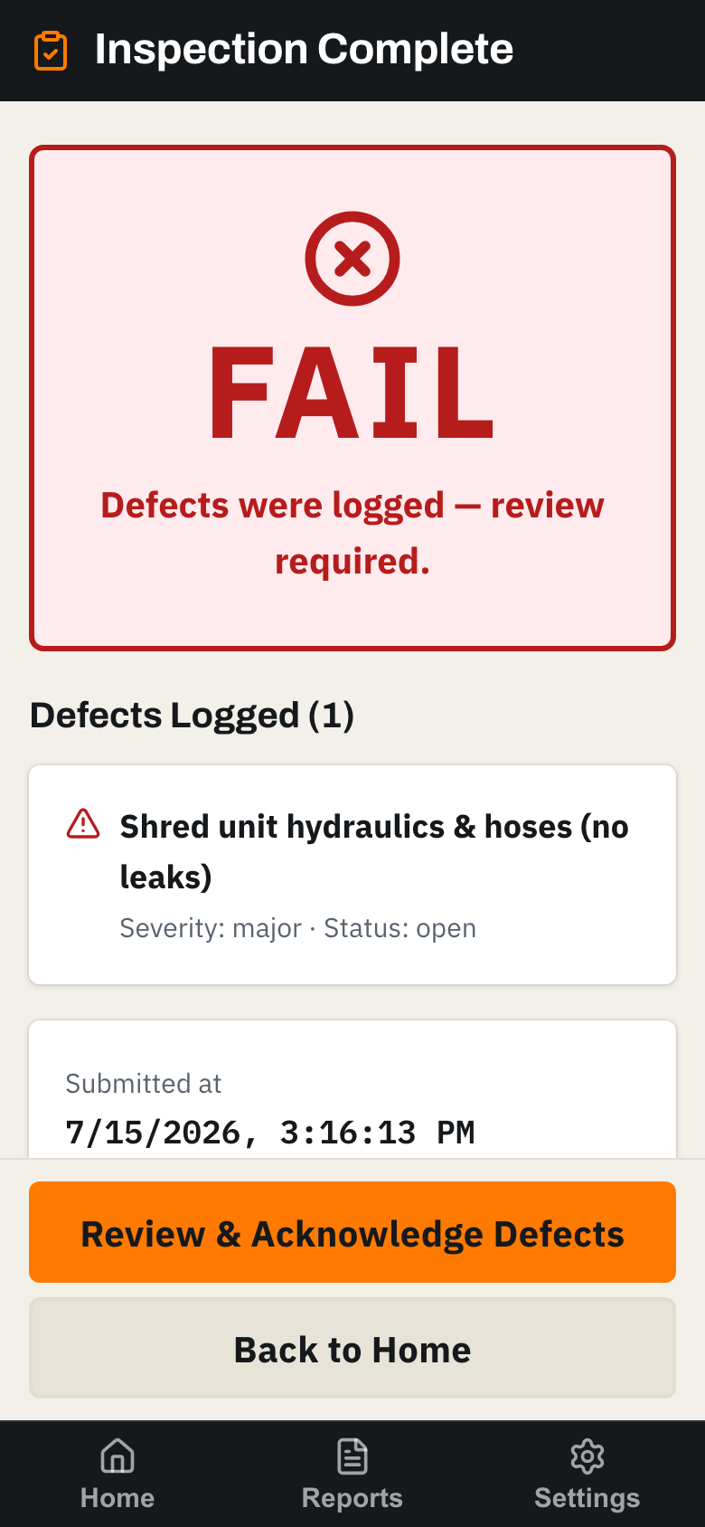 Inspection complete screen showing the logged defect and submission time