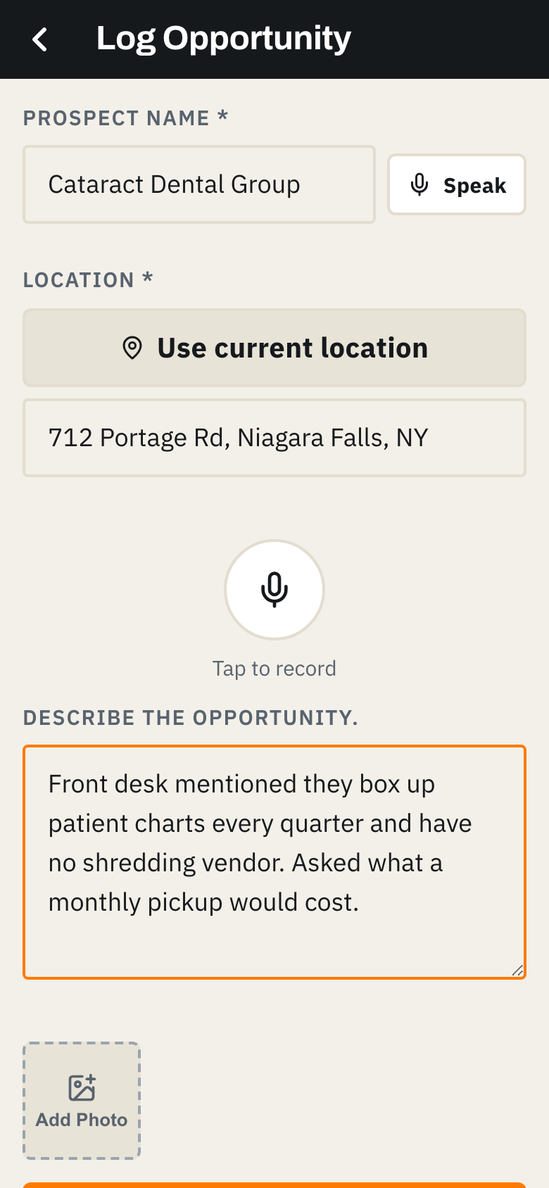 New prospect form with name, location and a typed opportunity note