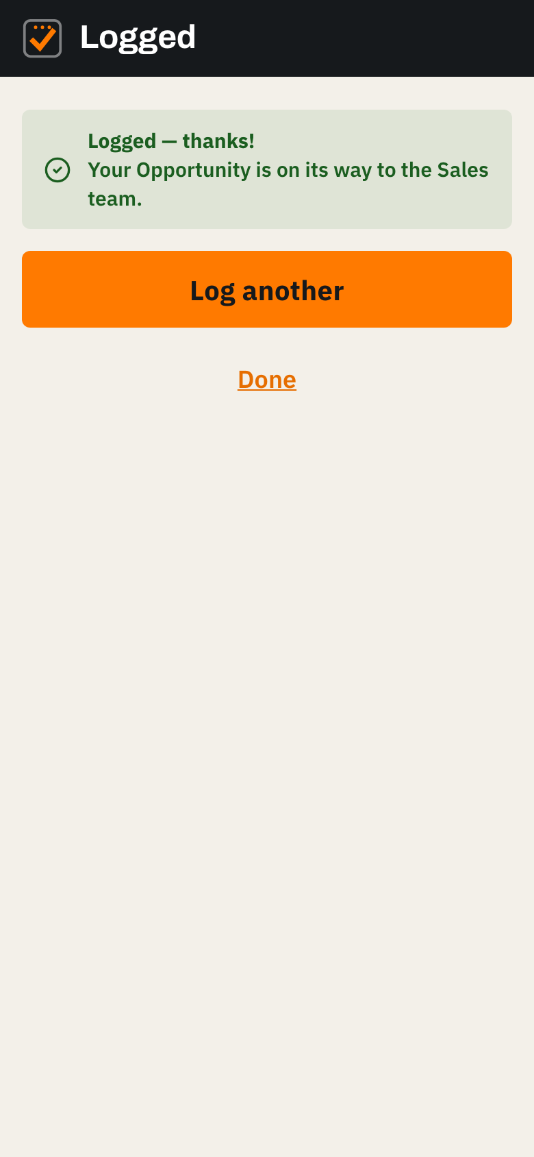 Confirmation screen: your Opportunity is on its way to the Sales team