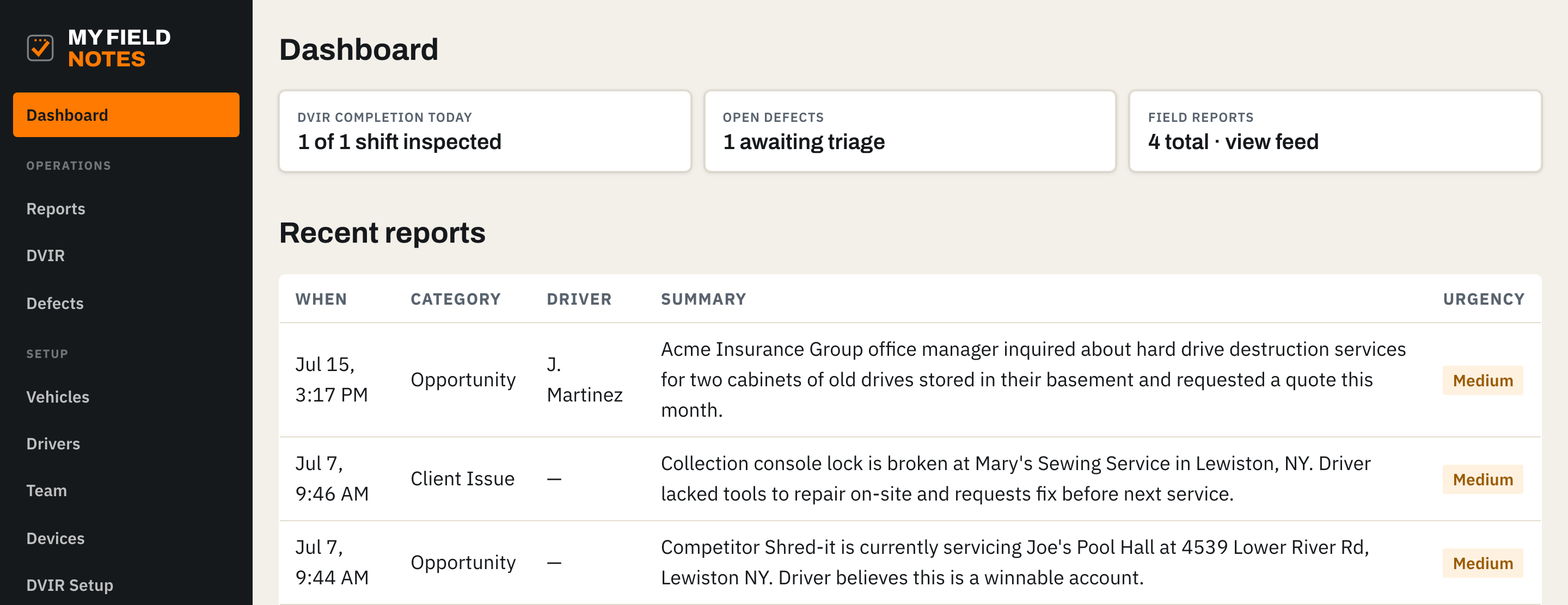 My Field Notes ops board: today's DVIR completion, open defects, and field reports as drivers log them